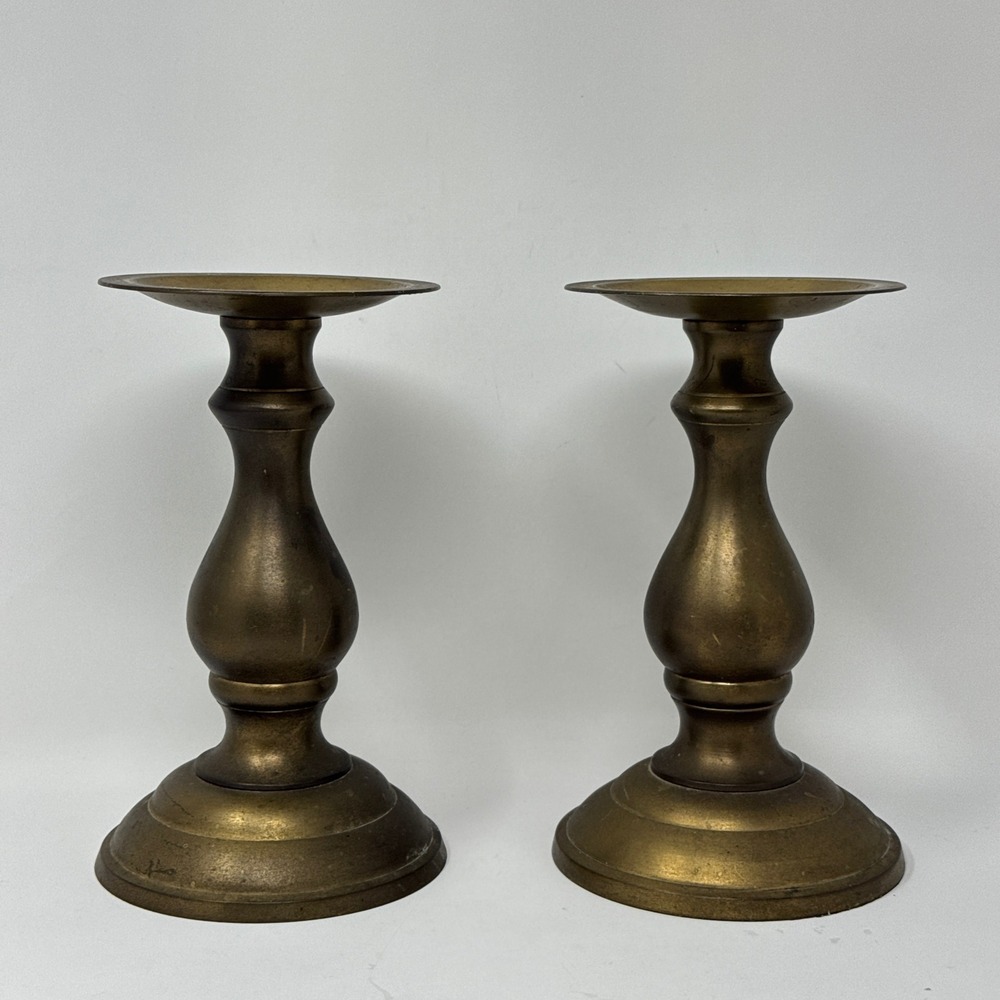 Vintage Pair Solid Brass Pillar Candle Holders Traditional Mantel Table Decor